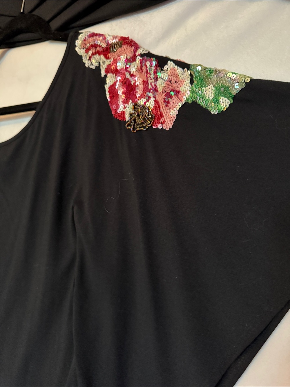 Cache Black One-Shoulder Dress with Pink & Green Floral Beading - Picture 5 of 5